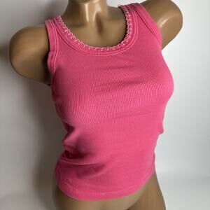 U2 Ladies Y2k Pink Ribbed Tank Top Embroidered Trim Coquette Baby Tee Doll XS